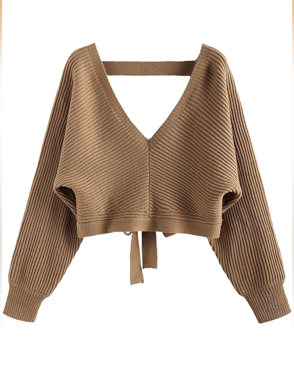 V Neck Cropped Sweater Ribbed Knit Pullover Tops Sexy Drop Shoulder